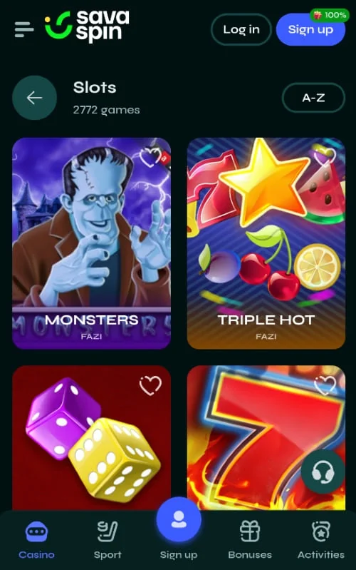 Sección de tragaperras en la app Savaspin: Monsters, Triple Hot y juegos de dados