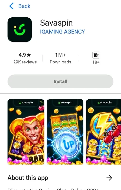 Ficha de la app Savaspin en la tienda: valoración 4,9, más de un millón de descargas y vistas previas de slots