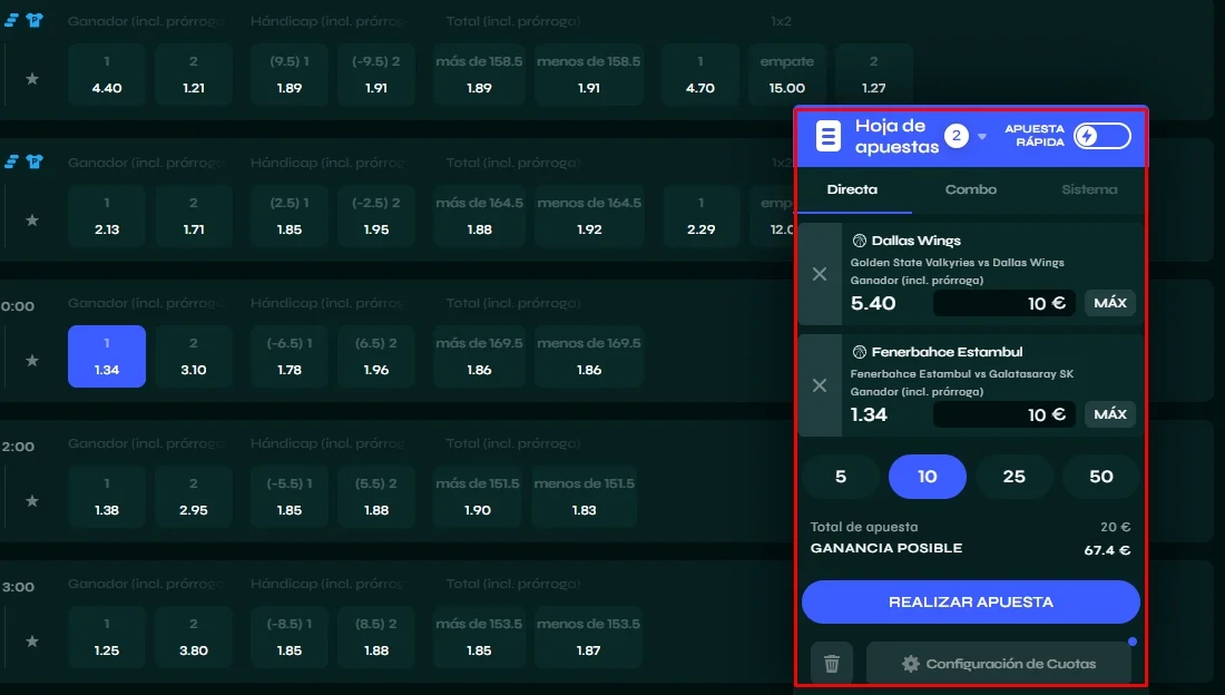 Boleto combinado en Savaspin con baloncesto e internacionales y cuotas mejoradas