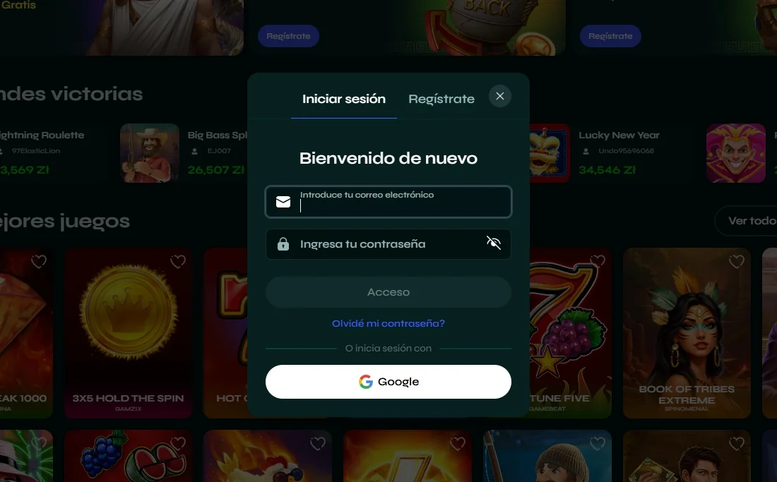 Pantalla de inicio de sesión en Savaspin con correo, contraseña y acceso con Google