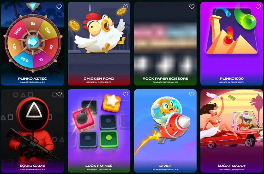 Selección de juegos originales Savaspin: Plinko Aztec, Crash, Chicken Road y más
